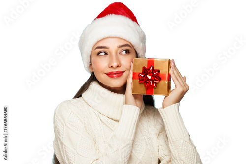 Beautiful woman in a white knitted sweater and santa hat with gift box isolated on transparent background. Christmas or New Year festivities. Holiday and Party