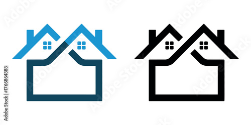 Two stylized houses with interlocking roofs create a symbol for real estate or residential services.