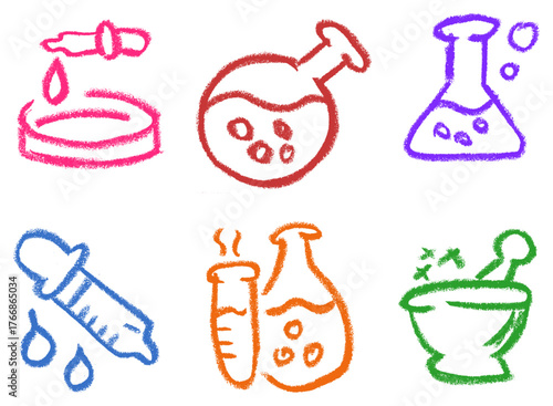 Chemistry Lab Bottles Related Icons Crayon Chalk Drawing Doodle Vector Set