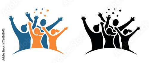 A group of stylized people with their arms raised in celebration, with stars falling from above.