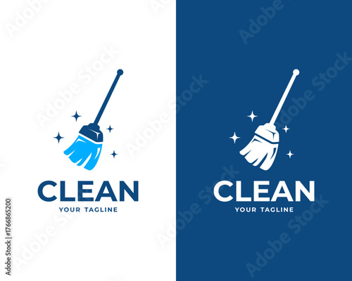 modern cleaning service logo with broom and sparkle design