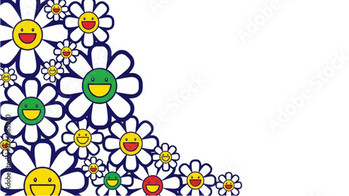 Cheerful Cartoon Daisy Flowers Illustration — Smiling Faces with Bold Navy Outlines and Pastel Green Background, Playful Floral Pop Art Design, Modern Flat Style