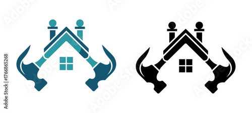 Two stylized house logos with hammers crossed in front, one in teal and one in black.