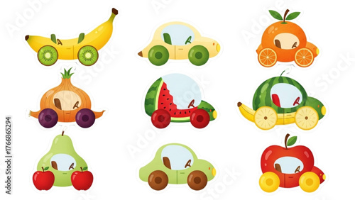 Whimsical Cartoon Fruit Vehicles Illustration — Banana Car, Orange, Onion, Watermelon, Pear, and Apple Cars in Bright Playful Children’s Style on White Background
