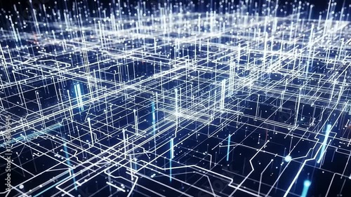 Abstract Digital Network Grid with Glowing Blue Lines and Connections Representing Data Flow and Technology.