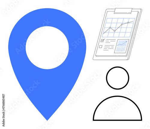 Blue location pin, minimal user profile icon, and clipboard with a statistical report. Ideal for business tracking, analytics, navigation, customer targeting, data visualization, planning marketing