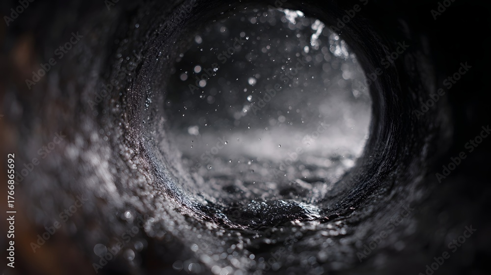 Fototapeta premium Close up view of water splashing and flowing within the dark textured interior of an industrial pipe