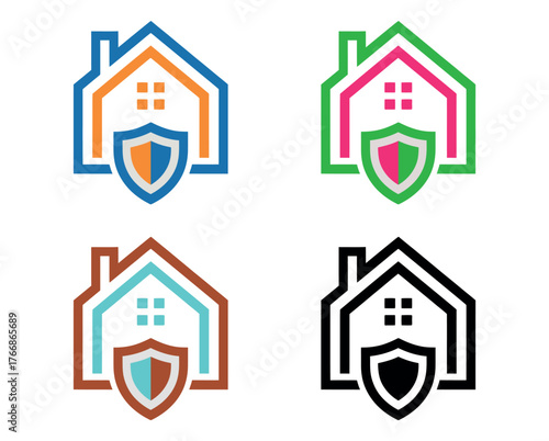Four different colored house and shield logos symbolizing home security.