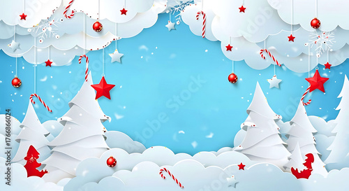 Christmas Festive Construction Winter Wonderland Paper Art Background, Merry Christmas Construction creative Landscape blue background