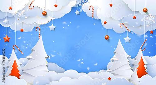 Christmas Festive Construction Winter Wonderland Paper Art Background, Merry Christmas Construction creative Landscape blue background