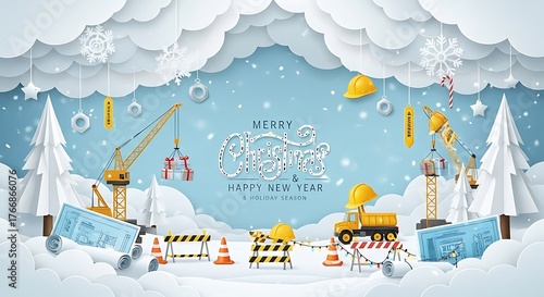Christmas Festive Construction Winter Wonderland Paper Art Background, Merry Christmas Construction creative Landscape blue background