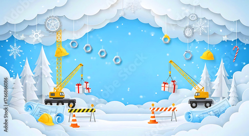 Christmas Festive Construction Winter Wonderland Paper Art Background, Merry Christmas Construction creative Landscape blue background