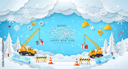 Christmas Festive Construction Winter Wonderland Paper Art Background, Merry Christmas Construction creative Landscape blue background