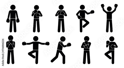 Stickman character poses vector – people walking, cheering, standing, and boxing action silhouettes for animation, fitness, and creative design