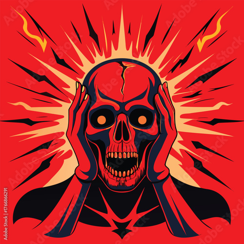 The moment of a migraine's onset, represented by intense red energy emanating from within the skull, with hands clasped in distress..