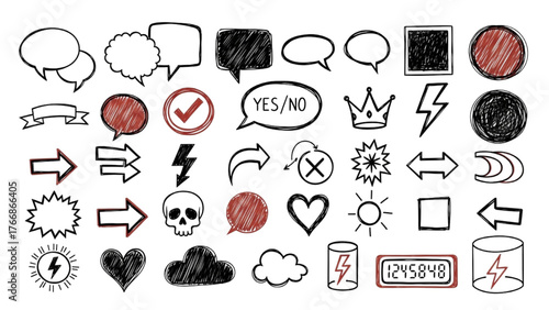 Hand-Drawn Sketch Elements Illustration — Speech Bubbles, Arrows, Symbols, Scribbles, and Doodles in Black Marker Outline with Reddish-Brown Accents on White Background