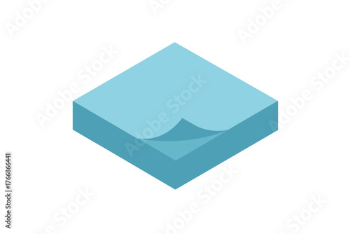 Isometric stack of blue sticky notes with the top sheet slightly peeled up