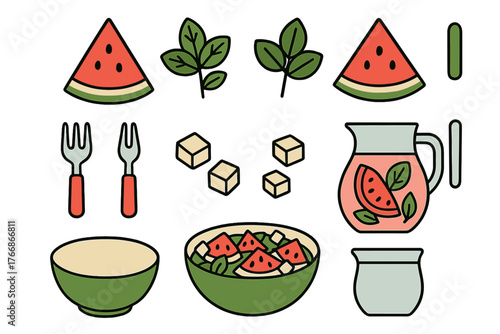 Fresh watermelon salad ingredients and dining elements set with forks bowls and pitcher