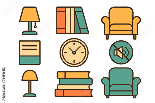 Cozy home reading and relaxation symbols featuring furniture and books