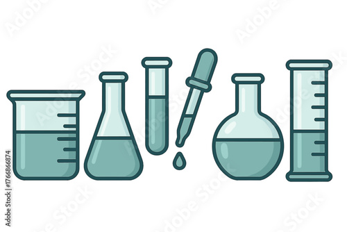 Collection of essential chemistry and science laboratory glassware equipment with a dropper