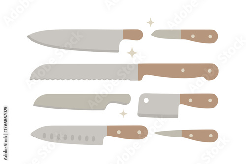 Set of essential kitchen knives for cooking and food preparation with various blade types and wooden handles