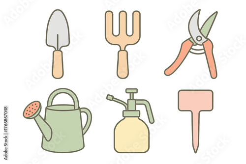 Essential gardening tools collection including trowel fork shears watering can