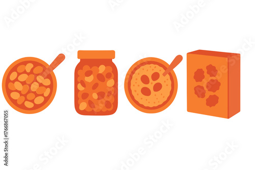 Assortment of orange bean dishes, packaged food items, serving bowls, and glass jar