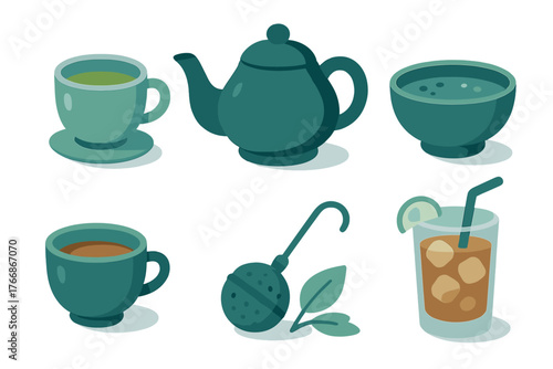 Stylized isometric set of tea preparation items including teapot, hot cups, and iced beverage glass