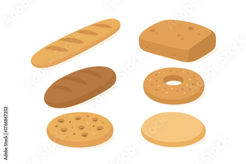 Assortment of baked goods and bread products rendered in isometric perspective