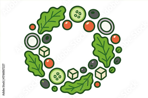 Fresh salad ingredients arranged in a decorative circular frame design on a white background