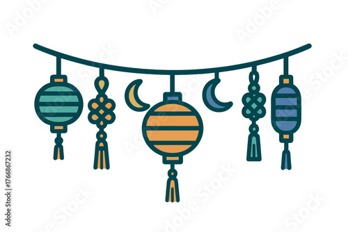 Festive string of colorful Asian lanterns decorative knots and crescent moons hanging banner