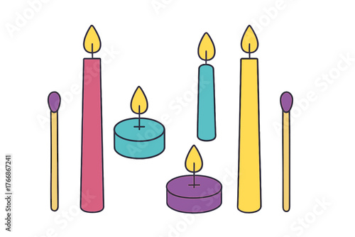 Brightly colored assortment of lit candles and wooden matches for celebration