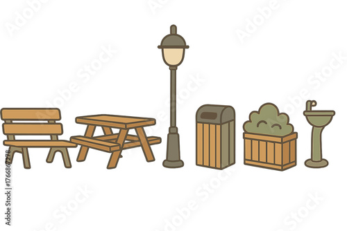 Set of public park amenities including wooden bench picnic table street lamp trash can planter and drinking fountain