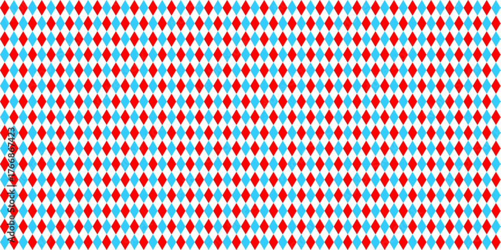 Harlequin seamless pattern. Circus background with with blue, red and and white rhombus.