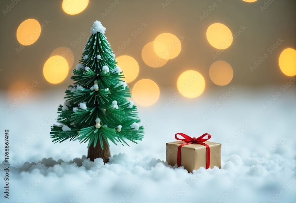 Fototapeta premium Cheerful Winter Holiday Composition with Mini Tree, Snowy Surface, and Soft Golden Bokeh Lights