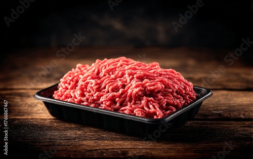 a photograph of raw ground beef in its packaging, centered on an isolated dark wooden table with a soft background. 