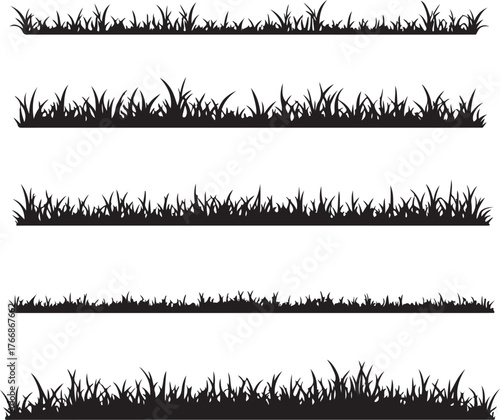 Five black silhouette grass borders on white background