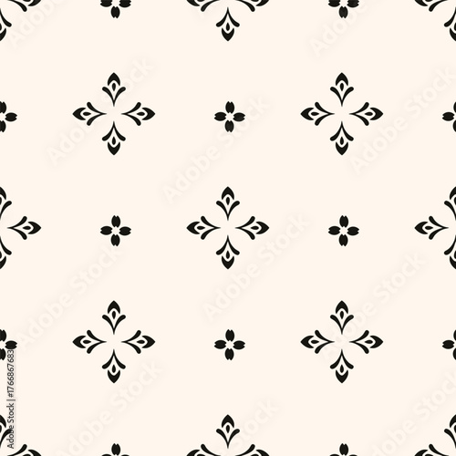 Simple minimalist floral pattern. Minimal seamless texture with small flower shapes. Abstract black and white geometric background. For print, package