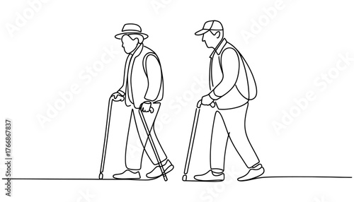 Elegant continuous line drawing of two elderly people walking with canes showing age and movement