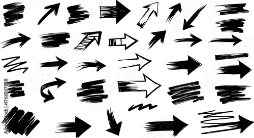 Collection of hand drawn sketchy arrows in various styles and directions on white background