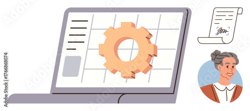 Laptop displaying gear over grid, signed document icon, and an elderly woman s portrait. Ideal for process management, technology, documentation, digital workflow, education, organization teamwork