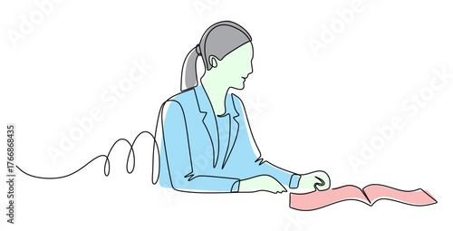 Continuous line art of a female worker reading a job guide. Vector illustration with attractive colors.