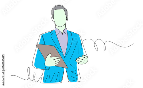 Continuous line art of a young male boss holding a laptop in his hand. Vector illustration with attractive colors.