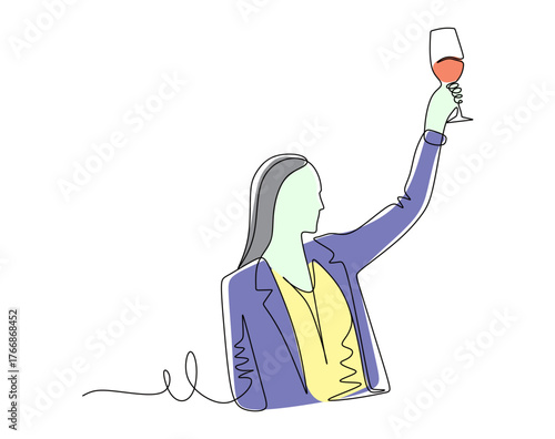 Continuous line art of a female worker celebrating success by drinking a glass of wine. Vector illustration with attractive colors.