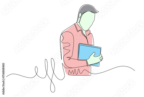 Continuous line art of a young male boss holding a laptop in his hand. Vector illustration with attractive colors.