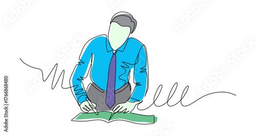 Continuous line art of a young male boss signing a book as a sign of approval. Vector illustration with attractive colors.