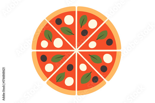Classic Italian pizza divided into eight equal slices with fresh toppings