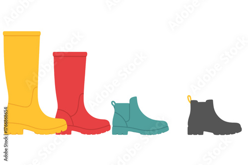Assortment of colorful waterproof rubber boots including tall rain boots and ankle boots
