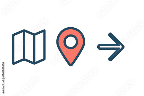 Set of essential navigation icons featuring folded map, location marker, and directional arrow