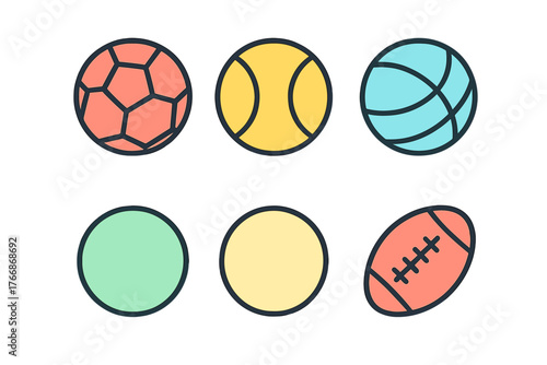 Colorful outline icons of athletic game balls including soccer, tennis, basketball, and American football